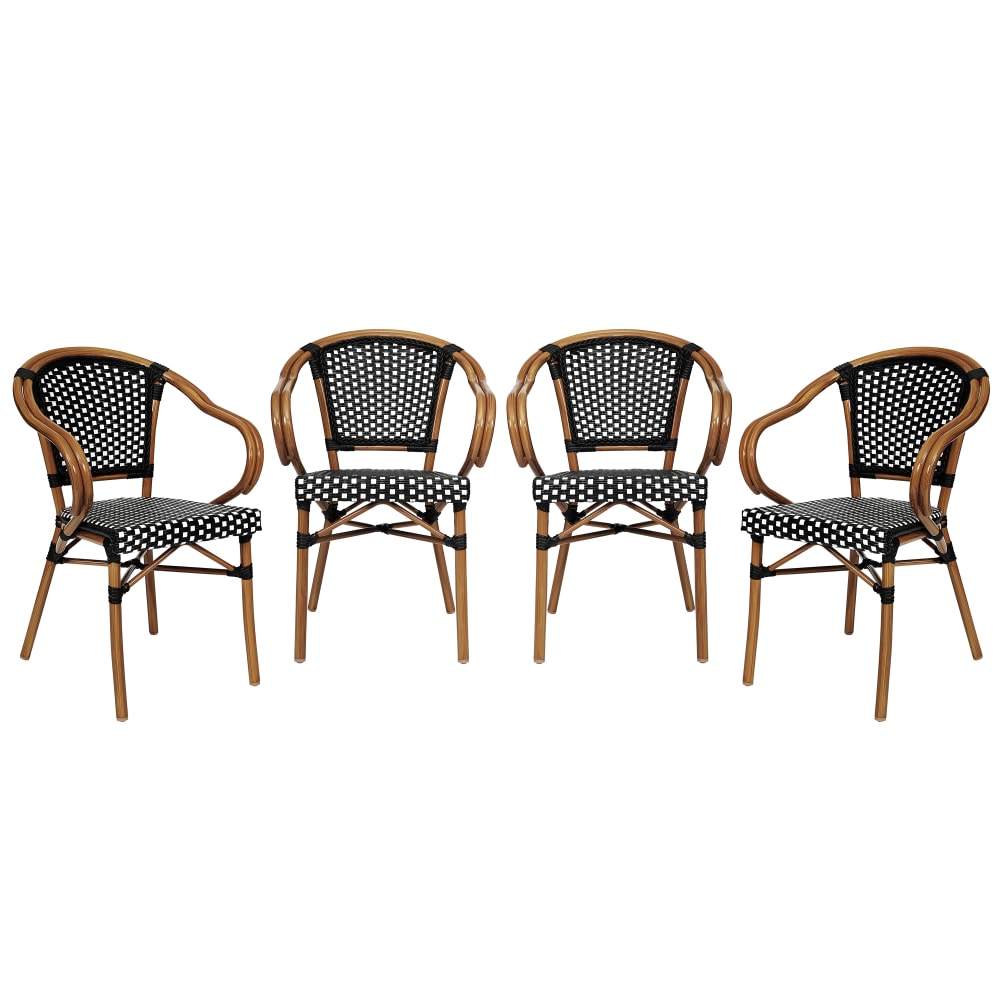 Flash Furniture 4 Pack Bordeaux Indoor/Outdoor Commercial Bistro Stacking Chair with Arms, Black & White/Natural Frame -4SDAS642142BKWN MPN:4SDAS642142BKWN