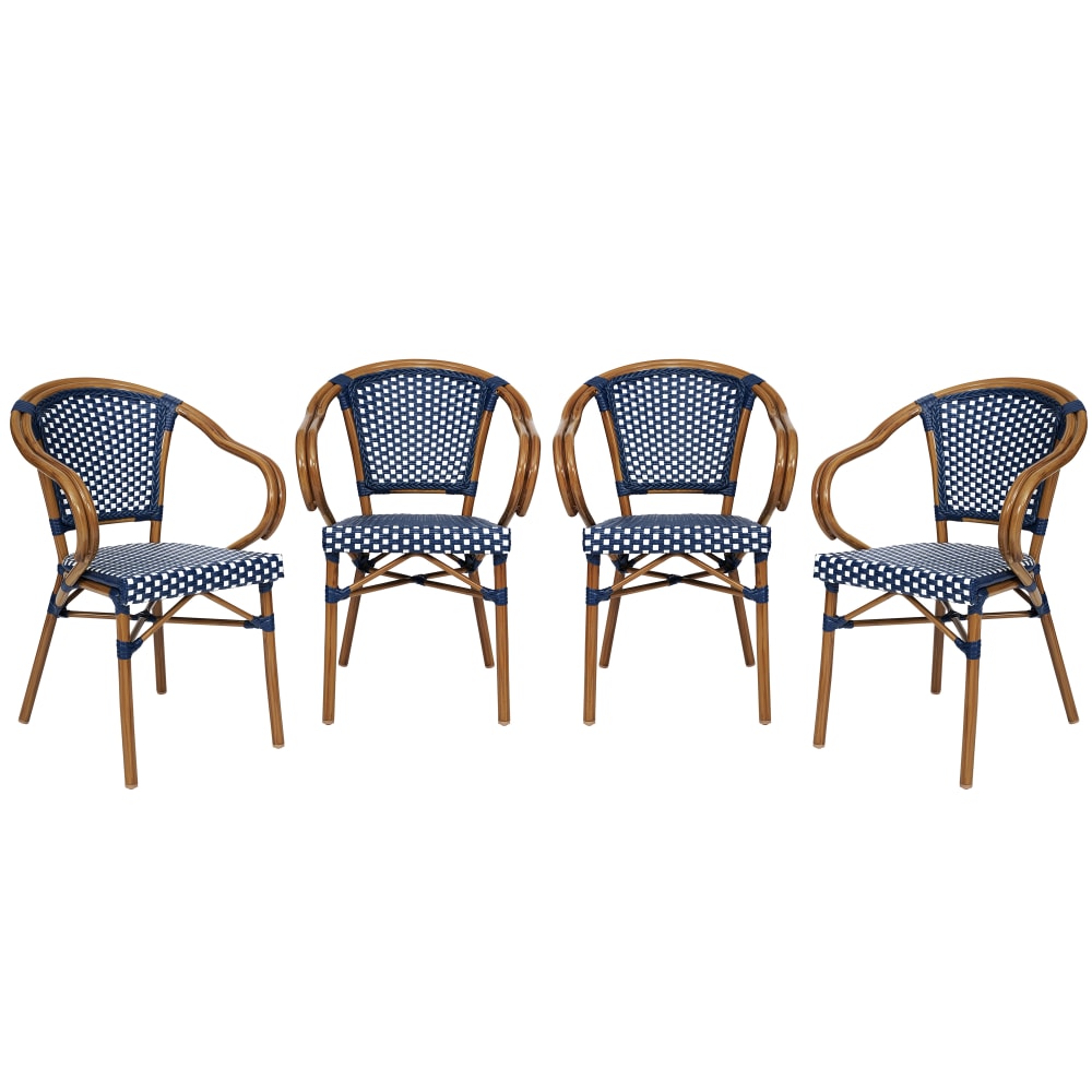 Flash Furniture 4 Pack Bordeaux Indoor/Outdoor Commercial Bistro Stacking Chair with Arms, Navy & White/Natural Frame -4SDAS642142NVWN MPN:4SDAS642142NVWN