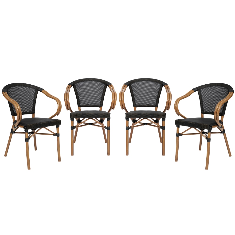 Flash Furniture 4 Pack Marseille Indoor/Outdoor Commercial Bistro Stacking Chair with Arms, Black/Natural Frame -4SDAS64218BKN MPN:4SDAS64218BKN