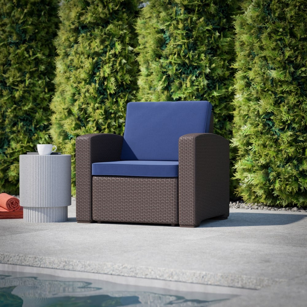 Flash Furniture Faux Rattan Chair with All-Weather Cushion, Navy/Chocolate Brown MPN:DADSF11BNNV