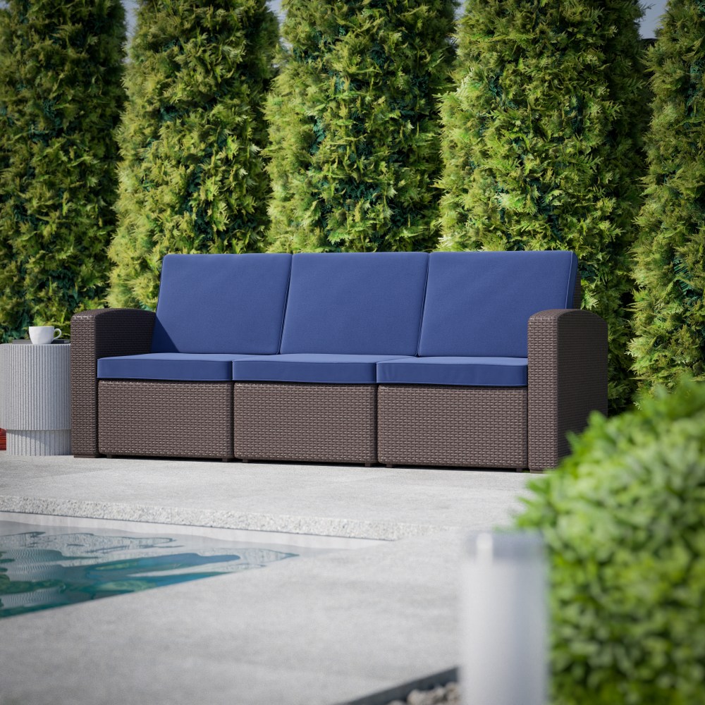 Flash Furniture Faux Rattan Outdoor Furniture Sofa With All Weather Cushions, 32inH x 78-1/2inW x 28inD, Navy/Chocolate Brown MPN:DADSF13BNNV