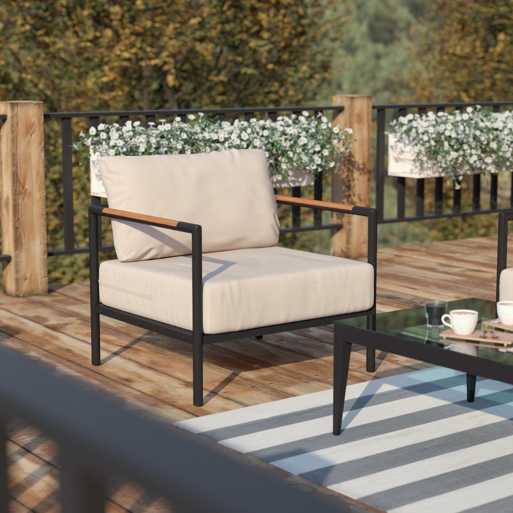 Flash Furniture Lea Indoor/Outdoor Patio Chair With Cushions, Beige/Black MPN:GM2010271SGY