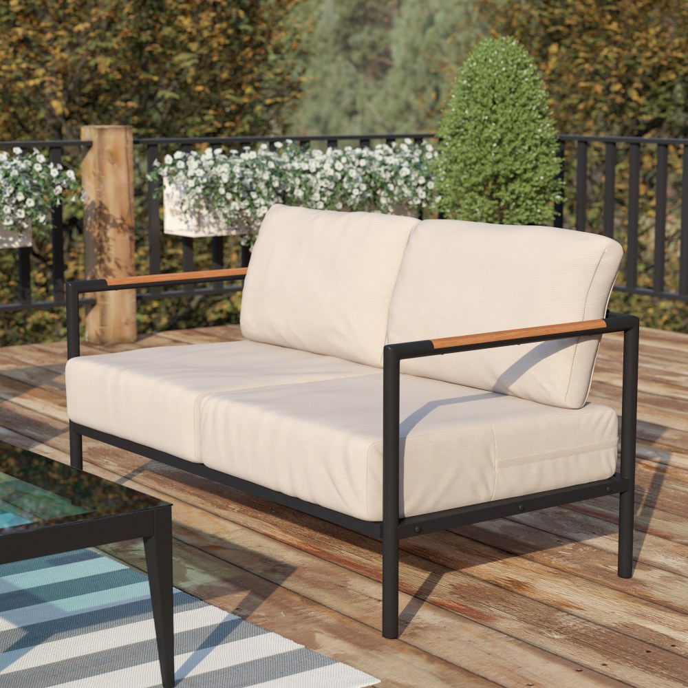 Flash Furniture Lea Indoor/Outdoor Patio Loveseat With Teak Accent Arms, Beige/Black MPN:GM2010272SGY