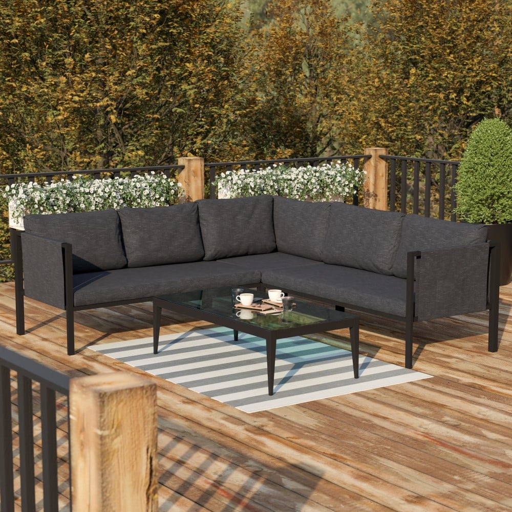 Flash Furniture Lea Steel Indoor/Outdoor Furniture Sectional With Cushions, 26-1/2inH x 85-1/4inW x 85-1/4inD, Charcoal/Black MPN:GM201108SECCH