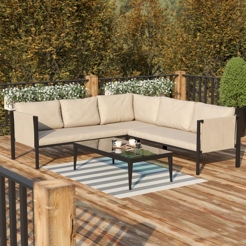 Flash Furniture Lea Steel Indoor/Outdoor Furniture Sectional With Cushions, 26-1/2inH x 85-1/4inW x 85-1/4inD, Beige/Black MPN:GM201108SECGY