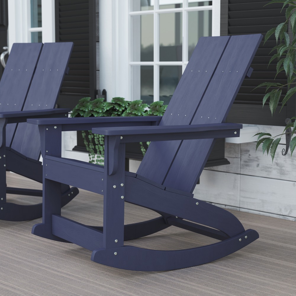 Flash Furniture Finn Modern Commercial Grade All-Weather 2-Slat Poly Resin Wood Rocking Adirondack Chair, Navy, JJC14709NV MPN:JJC14709NV