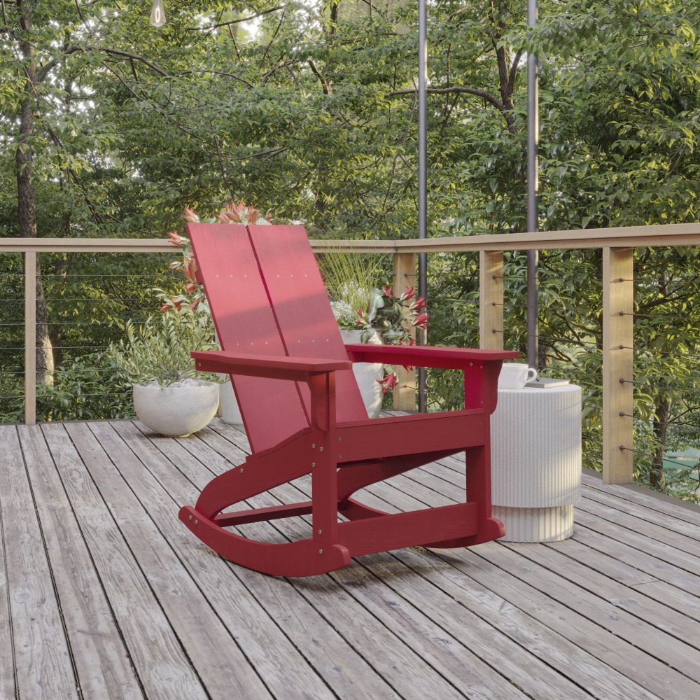 Flash Furniture Finn Modern Commercial Grade Poly Resin Wood Adirondack Rocking Chair, Red, JJC14709RED MPN:JJC14709RED