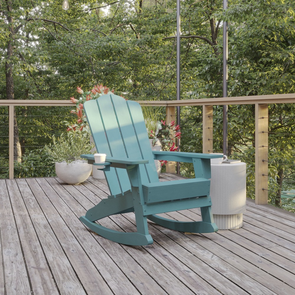 Flash Furniture Newport All-Weather Outdoor Furniture Adirondack Chair With Cup Holder, Blue MPN:LEHMP104431BL