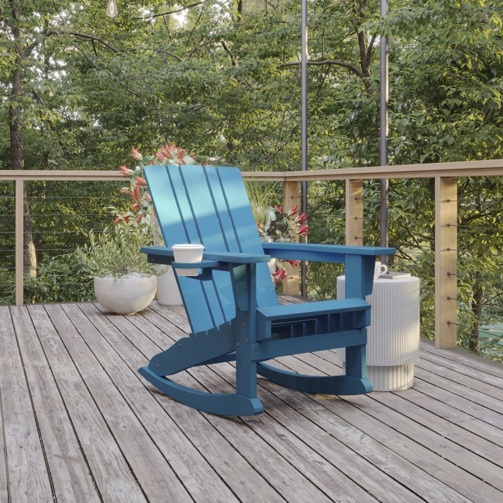 Flash Furniture Halifax All-Weather Adirondack Chair with Cup Holder and Pull-Out Ottoman, Blue MPN:LEHMP104531BL