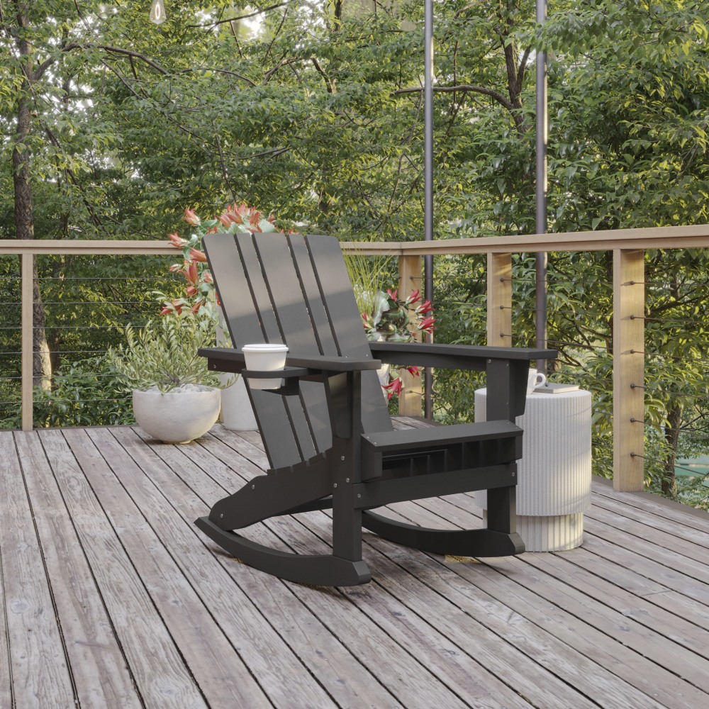 Flash Furniture Halifax All-Weather Adirondack Chair with Cup Holder and Pull-Out Ottoman, Gray MPN:LEHMP104531GY