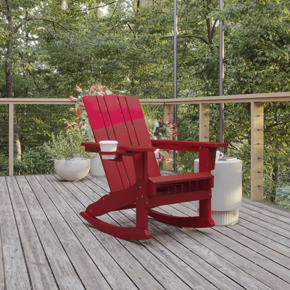 Flash Furniture Halifax All-Weather Adirondack Chair with Cup Holder and Pull-Out Ottoman, Red MPN:LEHMP104531RD