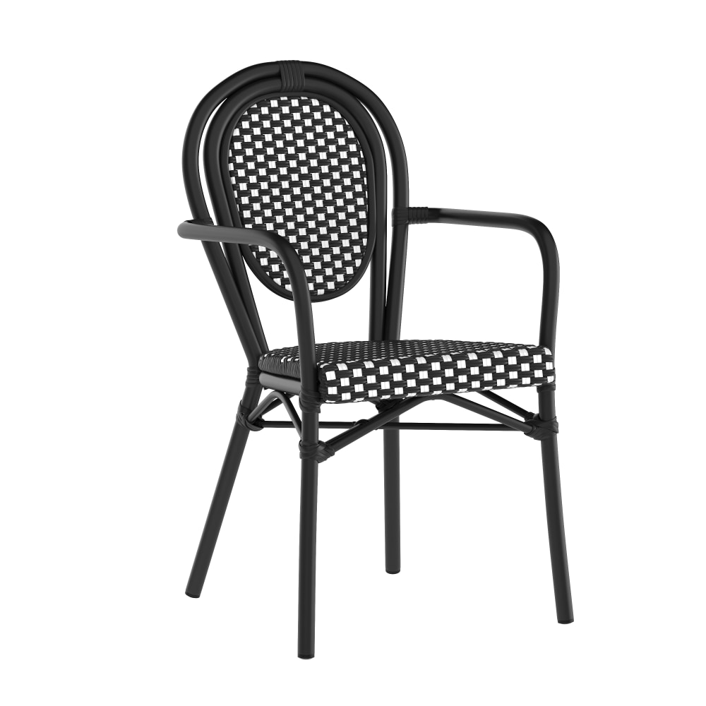 Flash Furniture Lourdes Indoor/Outdoor Commercial Thonet Bistro Stacking Chair with Arms, PE Rattan and Aluminum Frame, Black & White/Black Frame MPN:SDA6422ABKWBK
