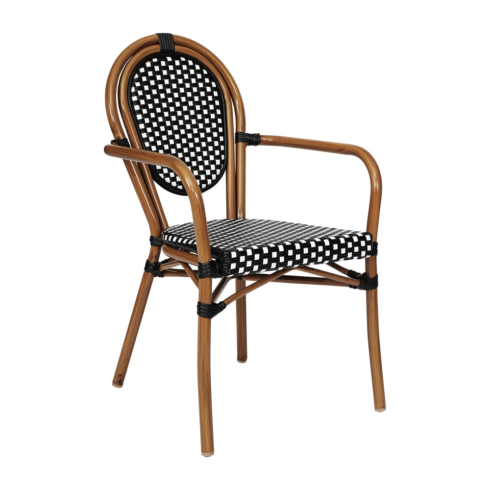 Flash Furniture Lourdes Indoor/Outdoor Commercial Thonet Bistro Stacking Chair with Arms, PE Rattan and Aluminum Frame, Black & White/Natural Frame MPN:SDA6422ABKWHNAT