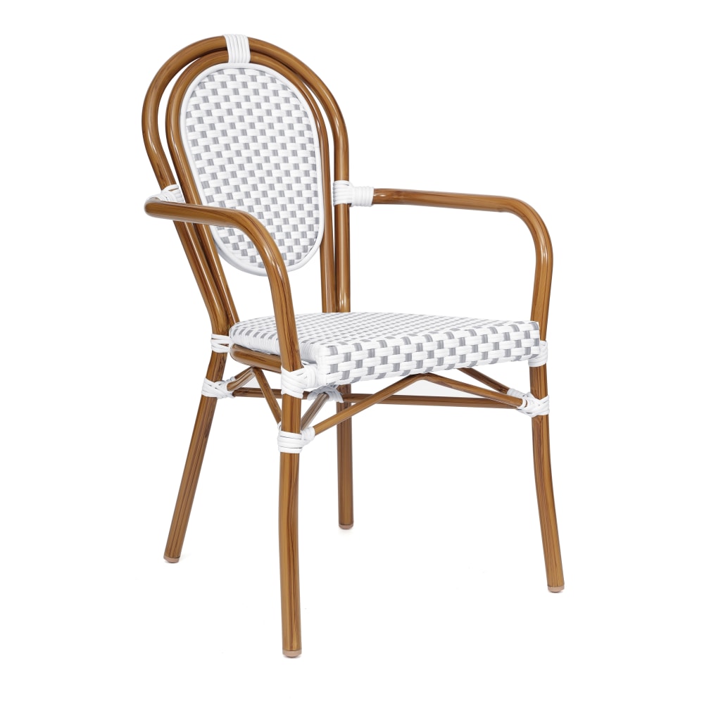 Flash Furniture Lourdes Indoor/Outdoor Commercial Thonet Bistro Stacking Chair with Arms, PE Rattan and Aluminum Frame, White & Gray/Natural Frame MPN:SDA6422AWGYN