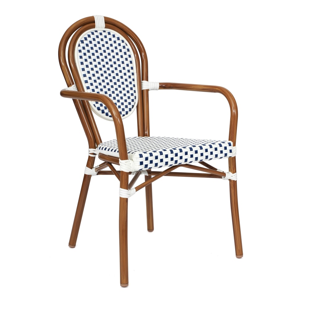 Flash Furniture Lourdes Indoor/Outdoor Commercial Thonet Bistro Stacking Chair with Arms, PE Rattan and Aluminum Frame, White & Navy/Natural Frame MPN:SDA6422AWNVN