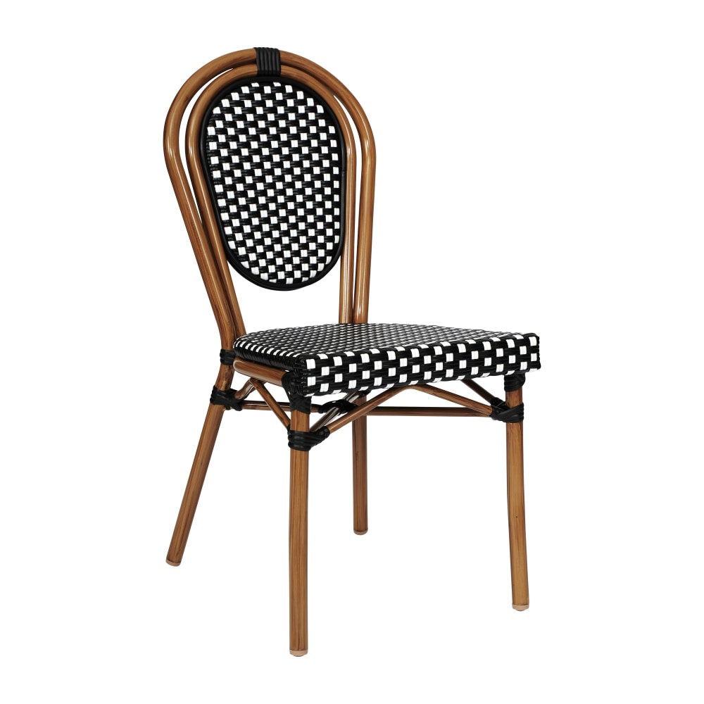 Flash Furniture Lourdes Indoor/Outdoor Commercial Thonet Bistro Stacking Chair, PE Rattan and Aluminum Frame, Black & White/Natural Frame MPN:SDA6422SBKWHNAT
