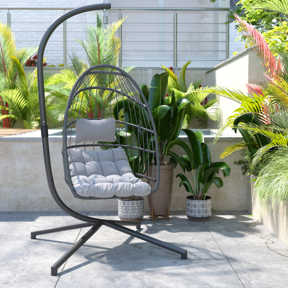 Flash Furniture Cleo Patio Hanging Egg Hammock Chair With Stand, Gray/Black MPN:SDAAD608001GY