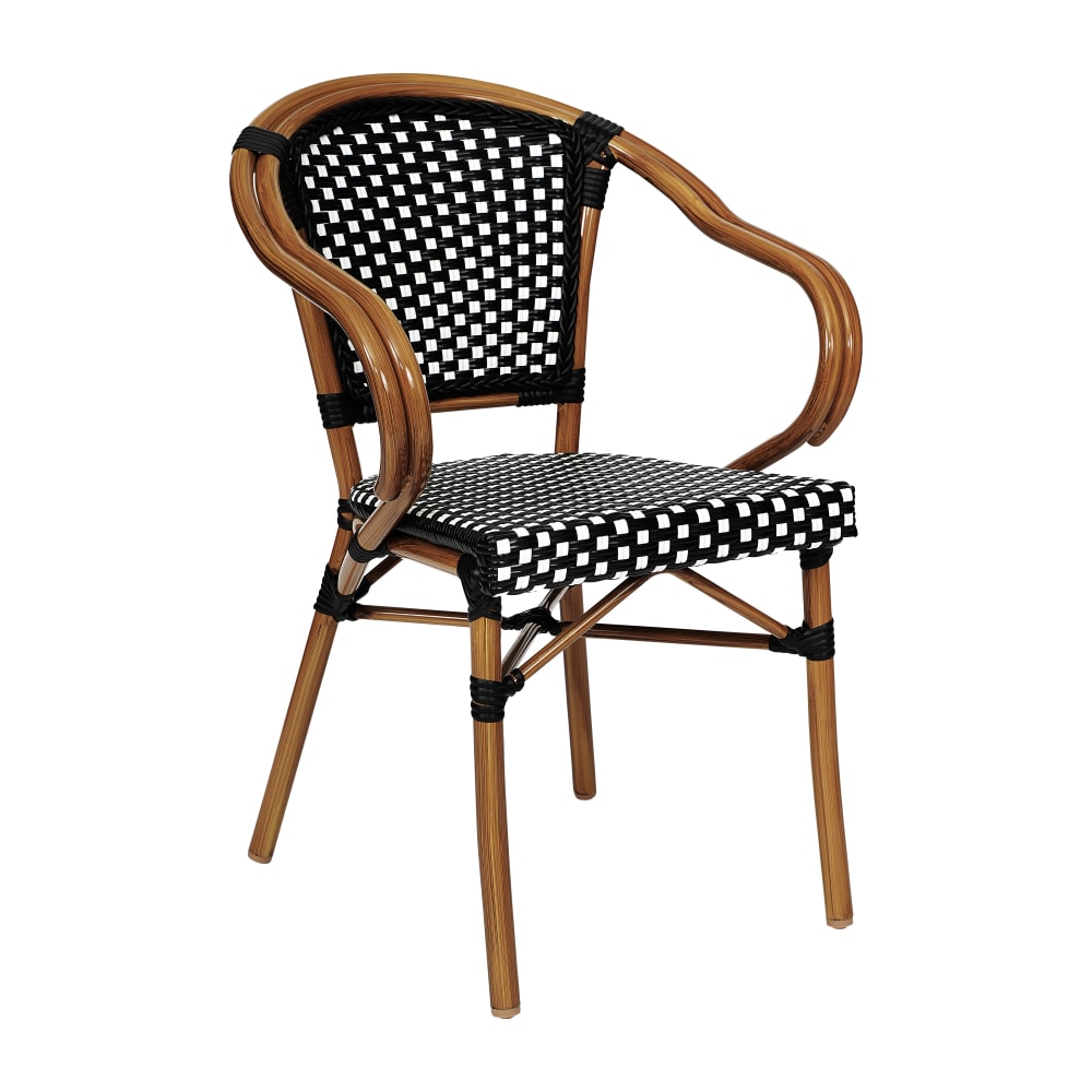 Flash Furniture Bordeaux Indoor/Outdoor Commercial Bistro Stacking Chair with Arms, Black & White/Natural Frame -SDAS642142BKWN MPN:SDAS642142BKWN