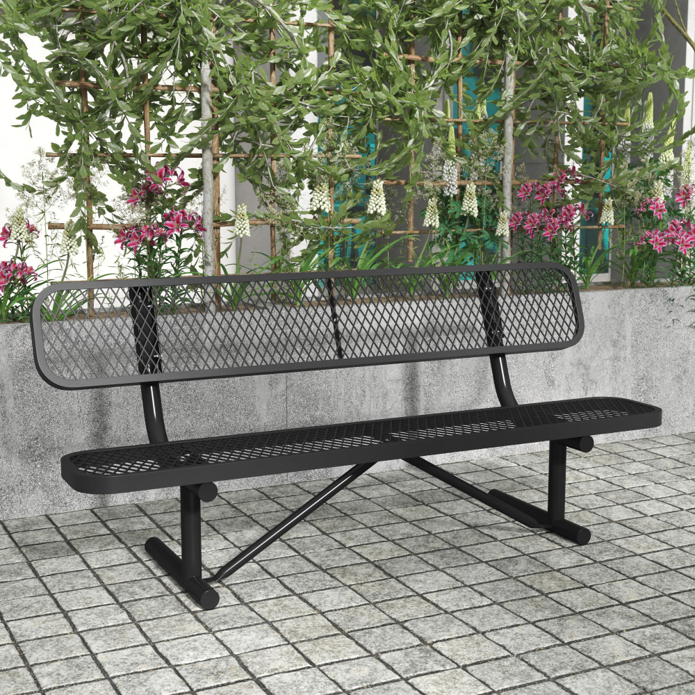 Flash Furniture Sigrid Outdoor Bench with Backrest, Commercial Grade Expanded Metal Mesh Seat and Backrest and Steel Frame with Ground Anchors, Black MPN:SLFAG4HUT2H48LB