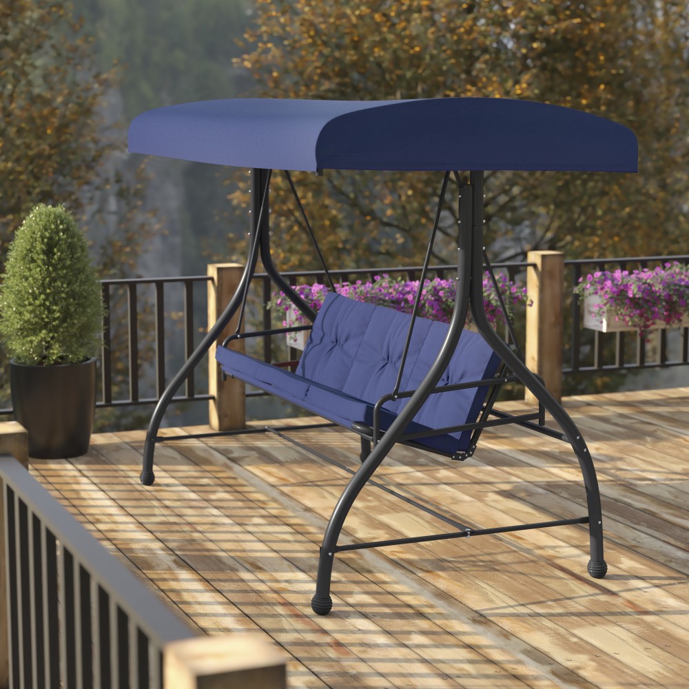 Flash Furniture Tellis Steel 3-Seat Converting Outdoor Canopy Swing/Bed, Navy/Black MPN:TLH007NV