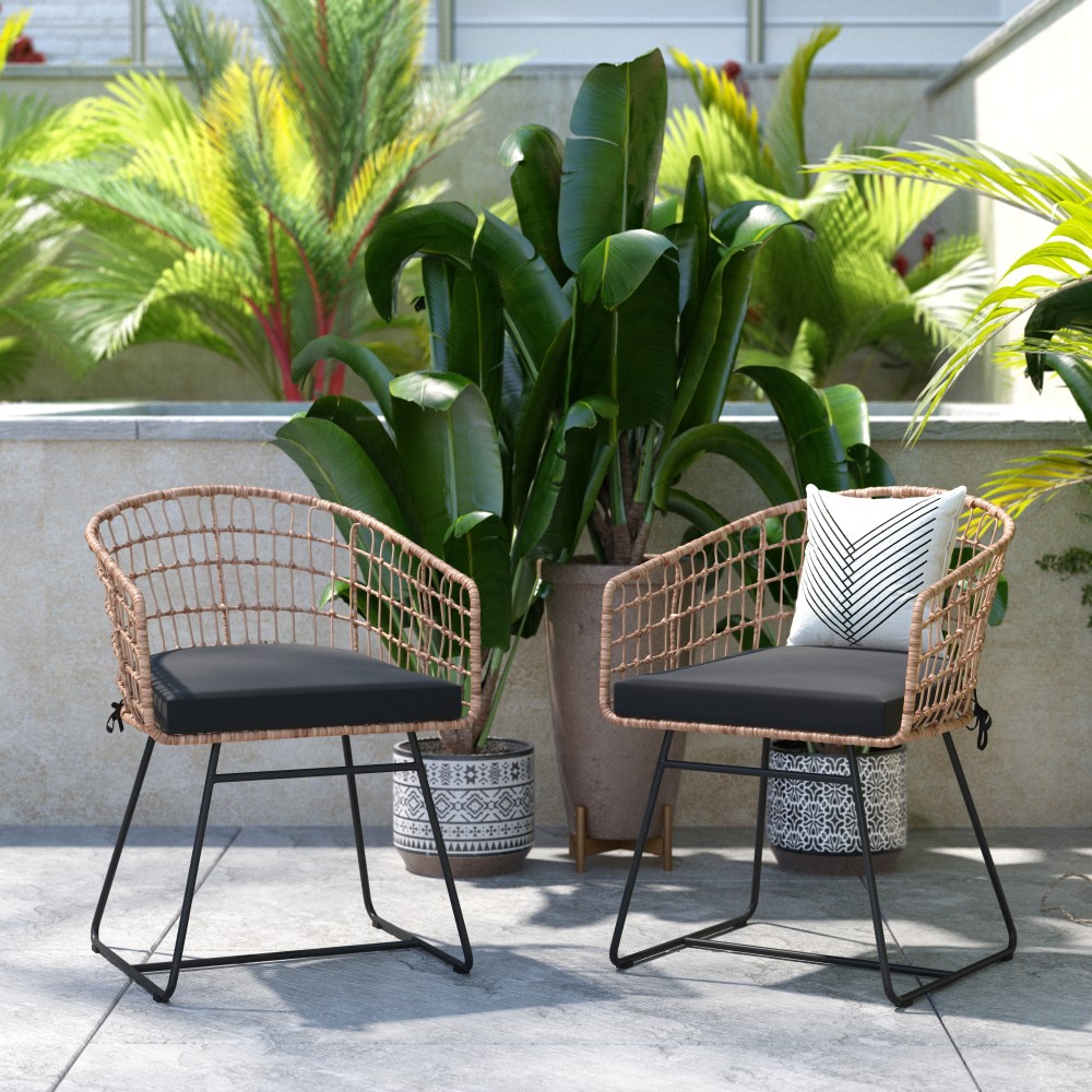 Flash Furniture Devon Indoor/Outdoor Patio Boho Club Chairs With Sled Base, Black/Natural, Set Of 2 Chairs MPN:TWVN01515NAT