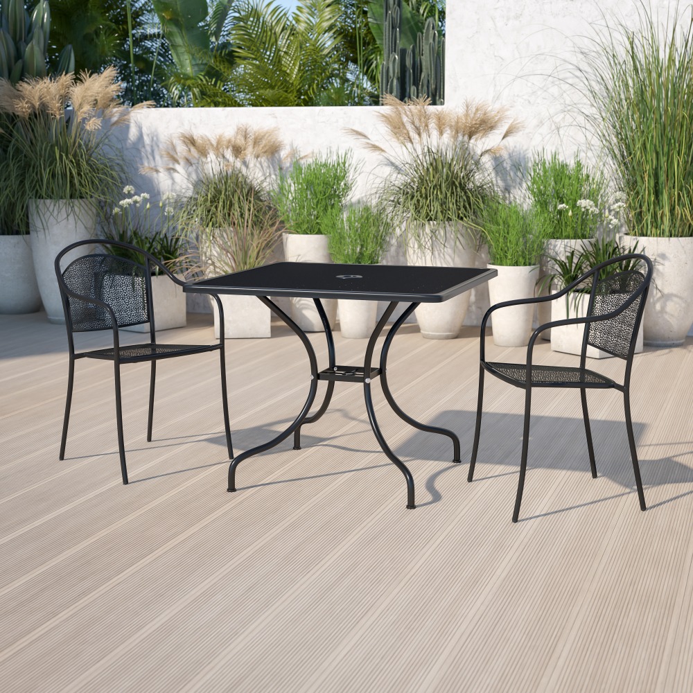 Flash Furniture Oia Commercial Grade 35-1/2in Square Indoor-Outdoor Steel Patio Table With Umbrella Hole, 28-3/4inH x 35-1/2inW x 35-1/2inD, Black MPN:CO6BK