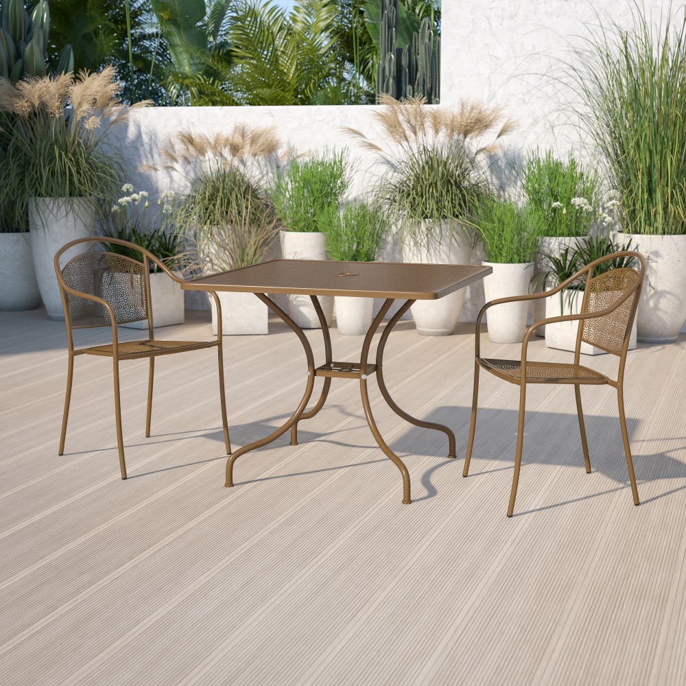Flash Furniture Oia Commercial Grade 35-1/2in Square Indoor-Outdoor Steel Patio Table With Umbrella Hole, 28-3/4inH x 35-1/2inW x 35-1/2inD, Gold MPN:CO6GD