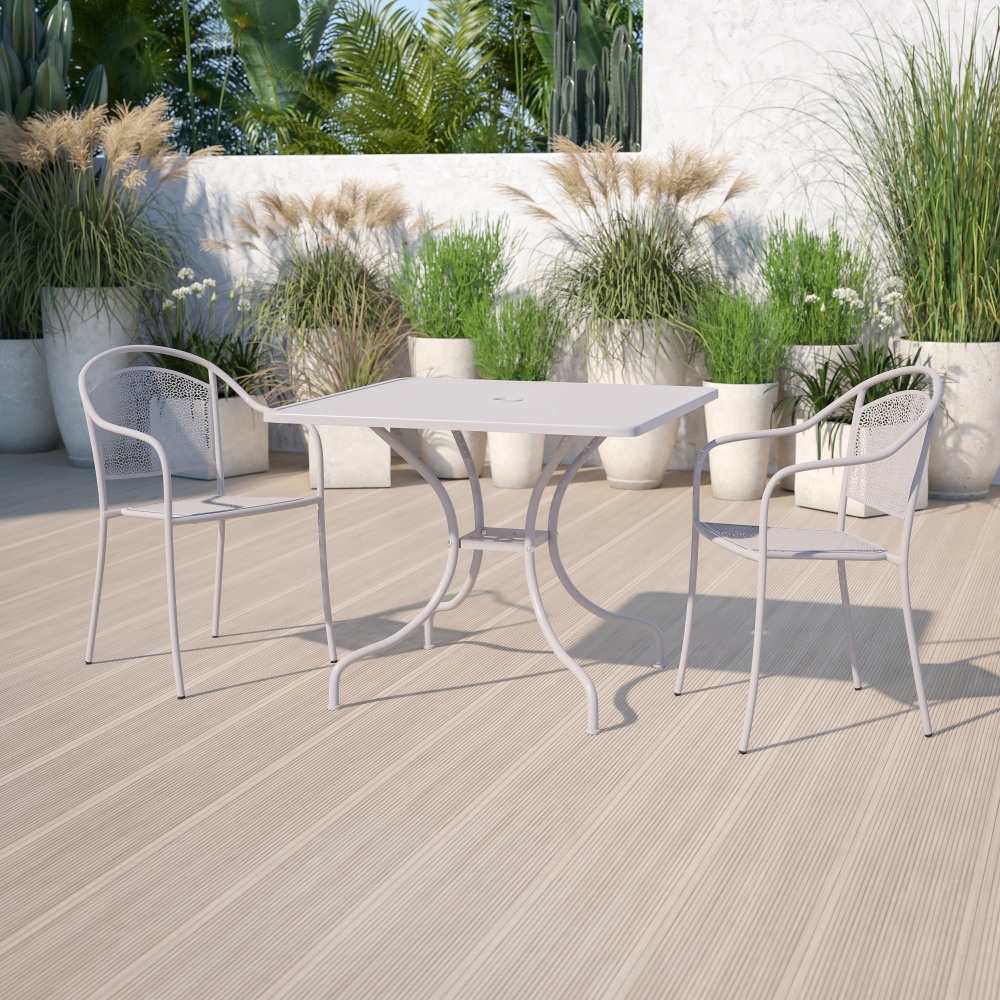 Flash Furniture Oia Commercial Grade 35-1/2in Square Indoor-Outdoor Steel Patio Table With Umbrella Hole, 28-3/4inH x 35-1/2inW x 35-1/2inD, Light Gray MPN:CO6SIL