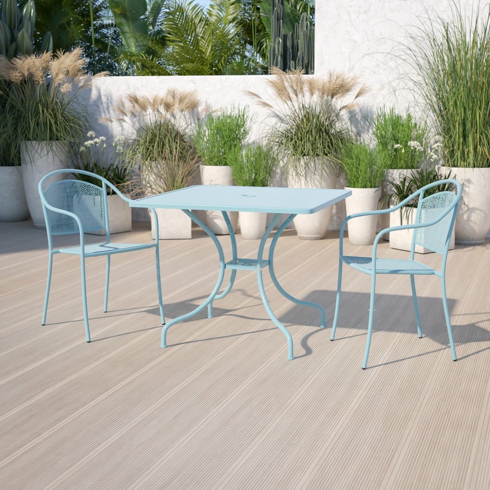 Flash Furniture Oia Commercial Grade 35-1/2in Square Indoor-Outdoor Steel Patio Table With Umbrella Hole, 28-3/4inH x 35-1/2inW x 35-1/2inD, Sky Blue MPN:CO6SKY