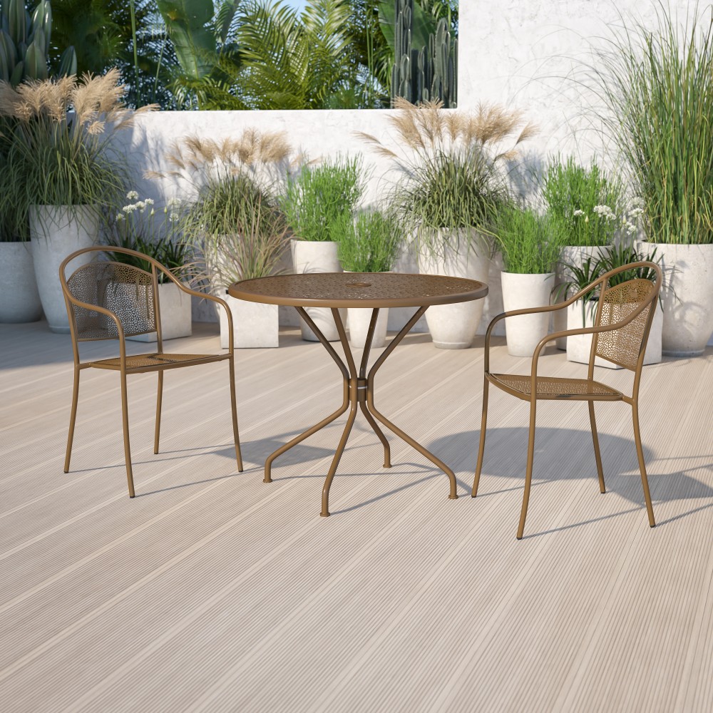 Flash Furniture Oia Commercial Grade 35-1/4in Round Indoor-Outdoor Steel Patio Table With Umbrella Hole, 28-3/4inH x 35-1/4inW x 35-1/4inD, Gold MPN:CO7GD