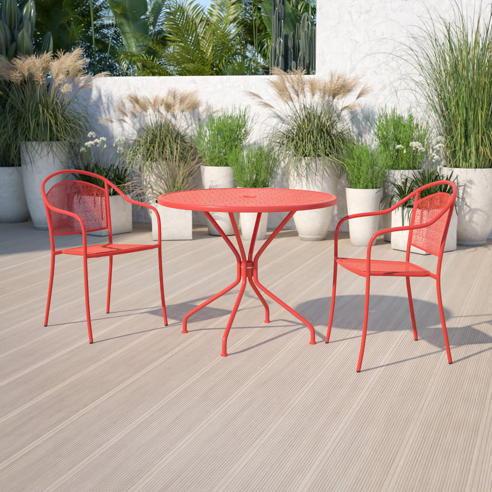Flash Furniture Oia Commercial Grade 35-1/4in Round Indoor-Outdoor Steel Patio Table With Umbrella Hole, 28-3/4inH x 35-1/4inW x 35-1/4inD, Coral MPN:CO7RED