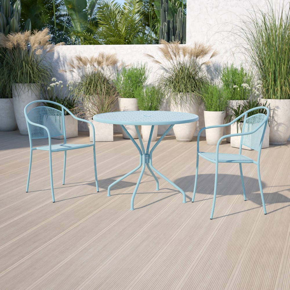 Flash Furniture Oia Commercial Grade 35-1/4in Round Indoor-Outdoor Steel Patio Table With Umbrella Hole, 28-3/4inH x 35-1/4inW x 35-1/4inD, Sky Blue MPN:CO7SKY