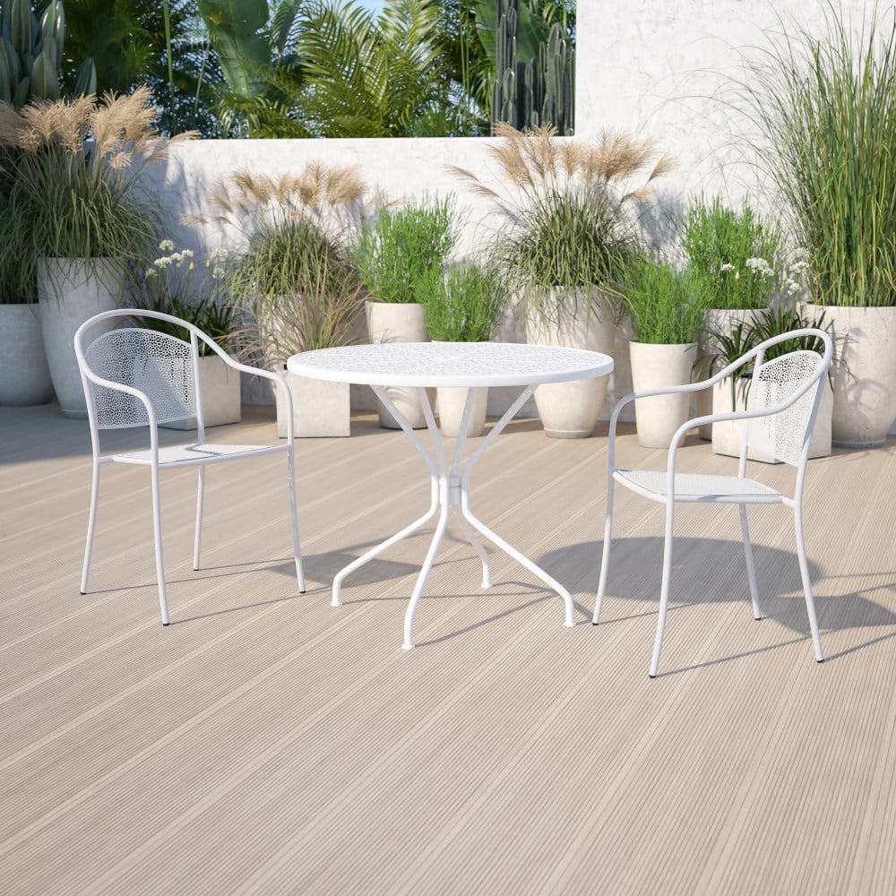 Flash Furniture Oia Commercial Grade 35-1/4in Round Indoor-Outdoor Steel Patio Table With Umbrella Hole, 28-3/4inH x 35-1/4inW x 35-1/4inD, White MPN:CO7WH