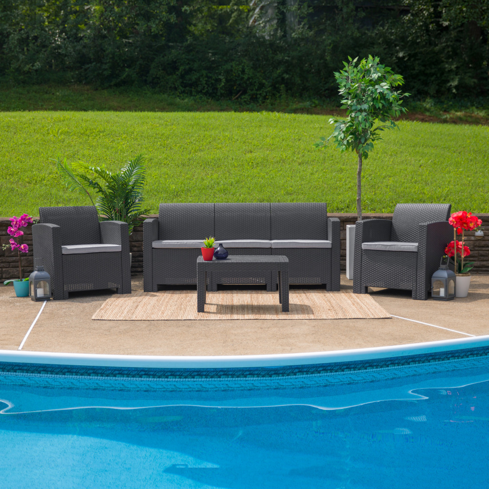 Flash Furniture Seneca Rattan Outdoor Furniture Coffee Table, 15inH x 27-3/4inW x 19-3/4inD, Dark Gray MPN:DADSF2TDKGY
