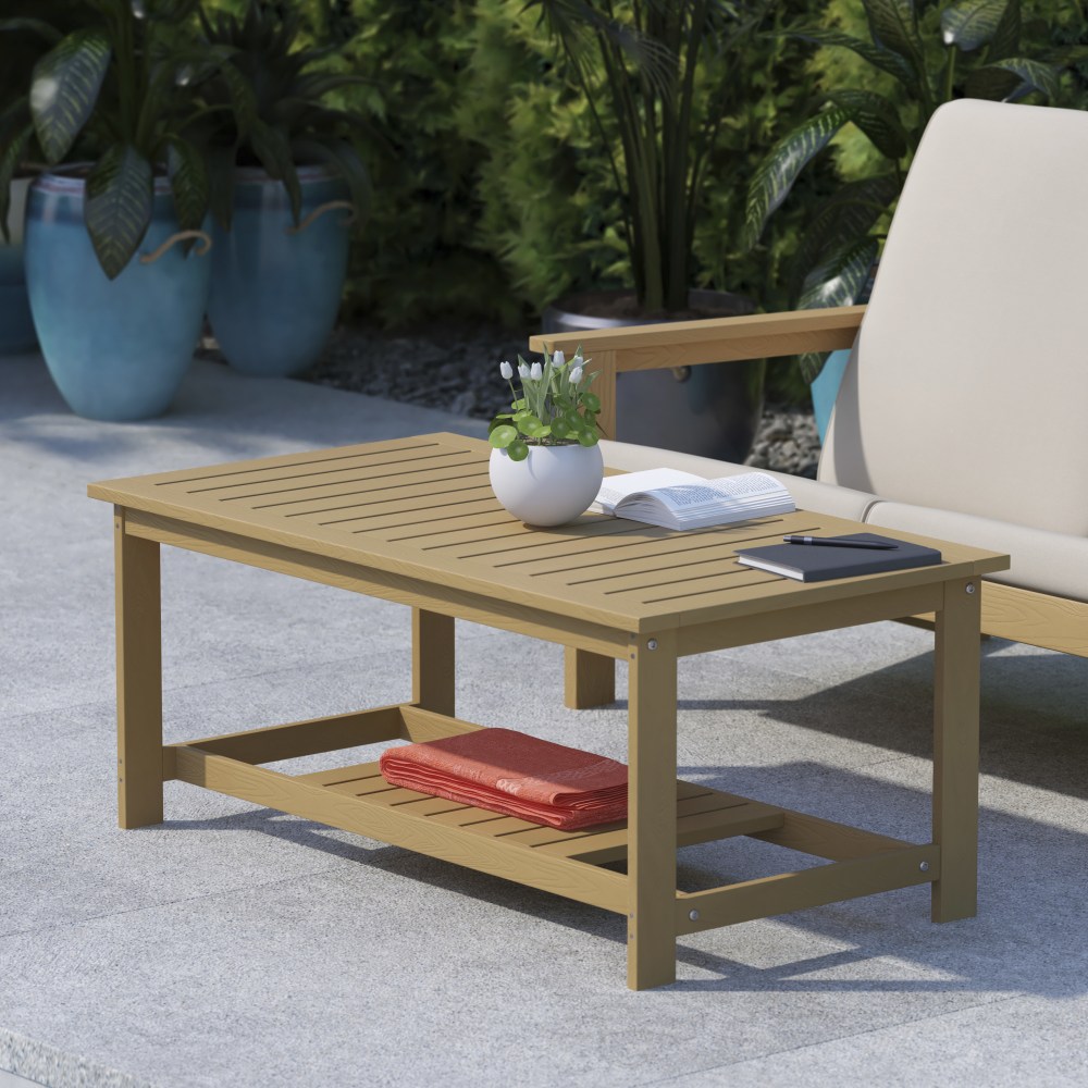 Flash Furniture Charlestown All-Weather Poly Resin Wood Two Tiered Commercial Grade Adirondack Slatted Coffee Conversation Table in Natural Cedar MPN:JJT14022BR