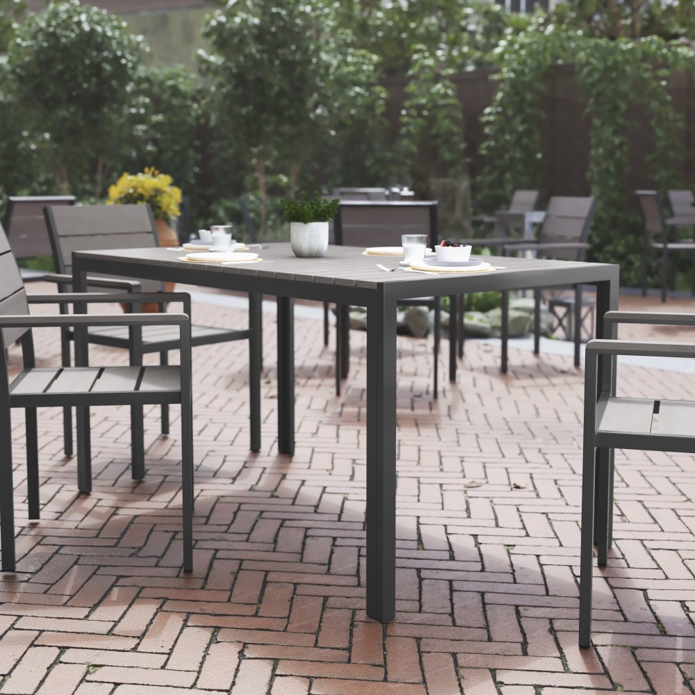 Flash Furniture Finch Commercial-Grade Faux Teak Poly/Metal Outdoor Furniture Dining Table, 28-3/4inH x 31-1/2inW x 55inD, Gray MPN:SBTB269GRY