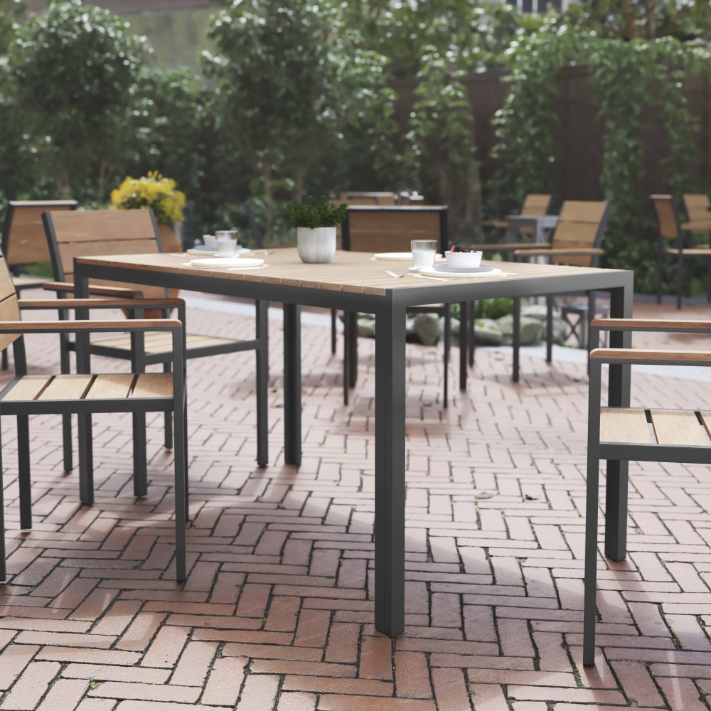 Flash Furniture Finch Commercial-Grade Faux Teak Poly/Metal Outdoor Furniture Dining Table, 28-3/4inH x 31-1/2inW x 55inD, Natural/Gray MPN:SBTB269NAT