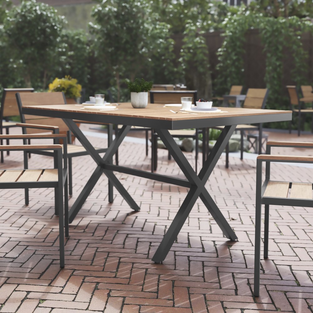 Flash Furniture Finch Commercial-Grade Faux Teak Poly/Metal X-Frame Outdoor Furniture Dining Table, 30-1/4inH x 35-1/2inW x 59inD, Natural/Gray MPN:SBTB288NAT