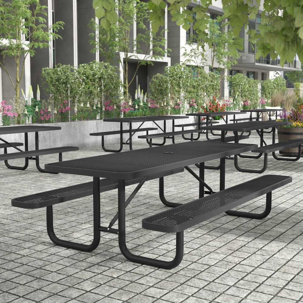 Flash Furniture Mantilla Outdoor Picnic Table, Steel Frame and Ground Anchors, 8ft, Black - SLFEML96H60LBK MPN:SLFEML96H60LBK