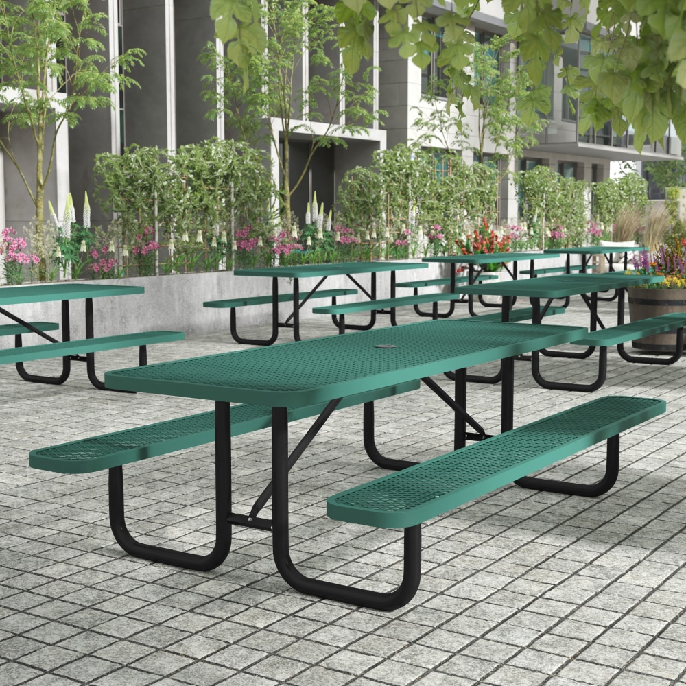 Flash Furniture Mantilla Outdoor Picnic Table, Steel Frame and Ground Anchors, 8ft, Green - SLFEML96H60LGN MPN:SLFEML96H60LGN