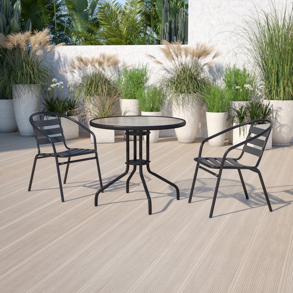 Flash Furniture Bellamy Round Tempered Glass Metal Outdoor Furniture Table, 28inH x 23-3/4inW x 23-3/4inD, Clear/Black MPN:TLH0701