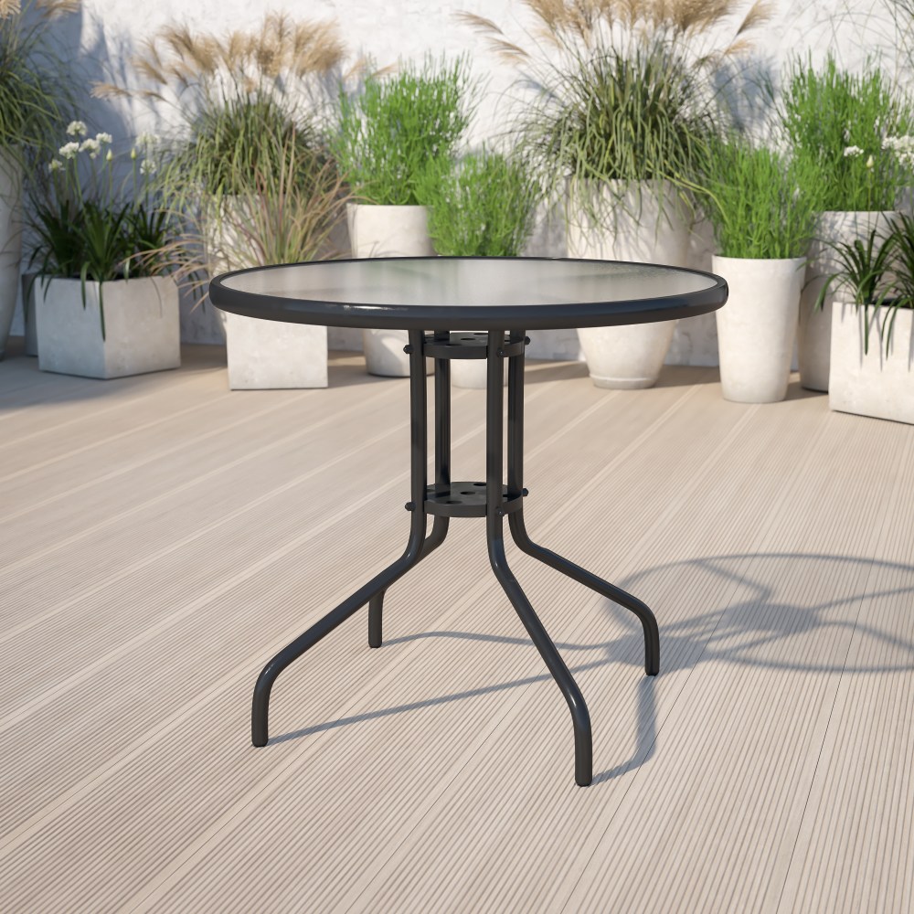Flash Furniture Bellamy Round Tempered Glass Metal Outdoor Furniture Table, 28inH x 31-1/2inW x 31-1/2inD, Clear/Black MPN:TLH0702