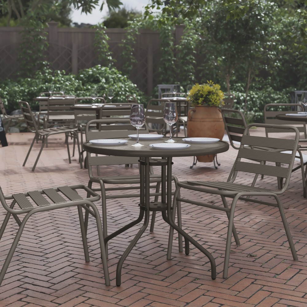 Flash Furniture Bellamy Round Tempered Glass Metal Outdoor Furniture Table, 28inH x 31-1/2inW x 31-1/2inD, Clear/Bronze MPN:TLH0702BZ