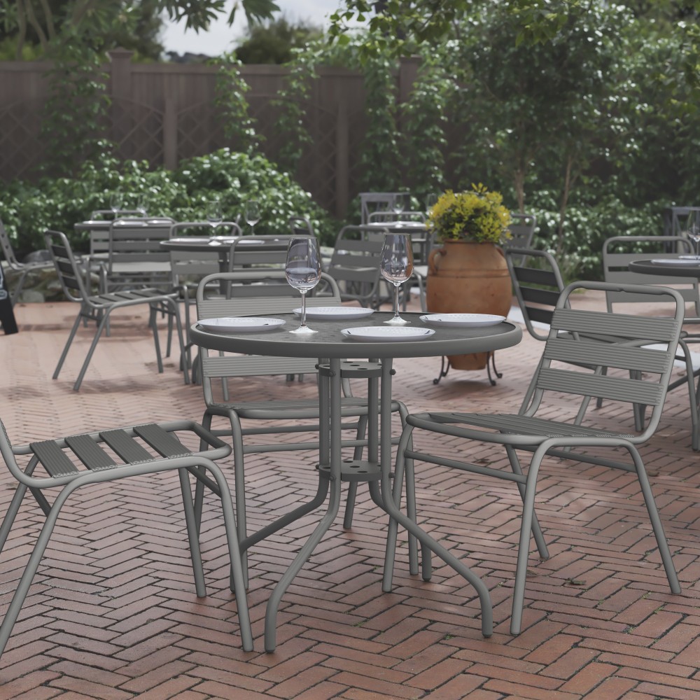 Flash Furniture Bellamy Round Tempered Glass Metal Outdoor Furniture Table, 28inH x 31-1/2inW x 31-1/2inD, Clear/Silver MPN:TLH0702SV