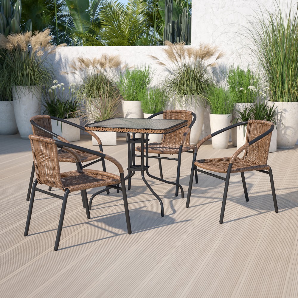Flash Furniture Barker Square Tempered-Glass Metal Outdoor Furniture Table With Rattan Edging, 28inH x 28inW x 28inD, Clear/Dark Brown MPN:TLH073RDKBN