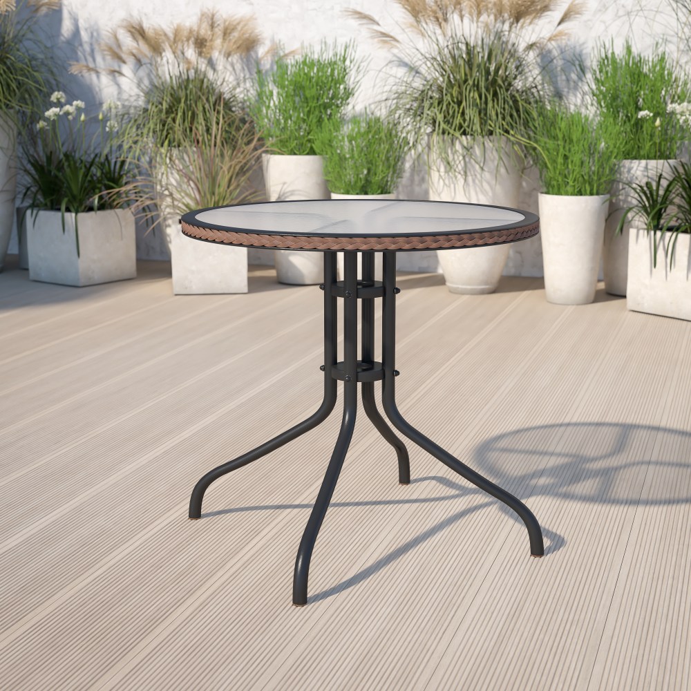 Flash Furniture Barker Round Tempered-Glass Metal Outdoor Furniture Table With Rattan Edging, 28inH x 28-3/4inW x 28-3/4inD, Clear/Dark Brown MPN:TLH087DKBN