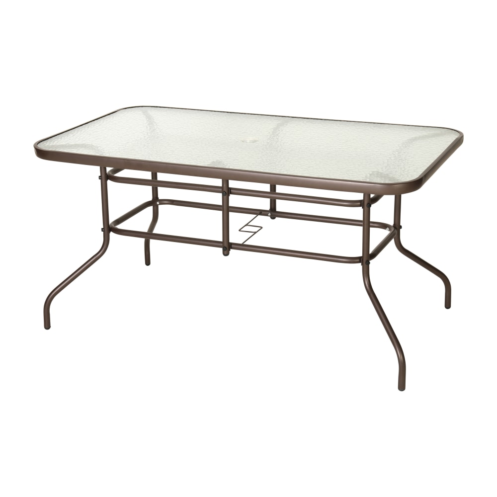 Flash Furniture Tory 31.5in x 55in Rectangular Tempered Glass Metal Table with Umbrella Hole, Clear Top/Bronze Frame MPN:TLH089BZ