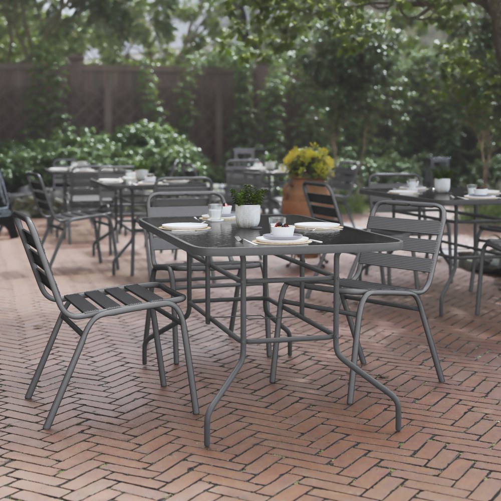 Flash Furniture Tory Tempered Glass Metal Table With Umbrella Hole, 27-1/2inH x 31-1/2inW x 55inD, Clear/Silver MPN:TLH089SV