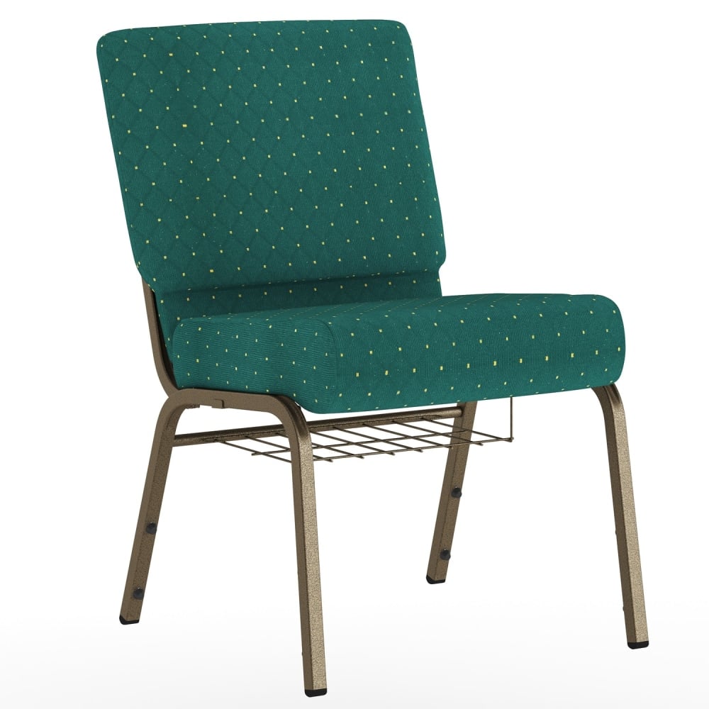 Flash Furniture Hercules Series Church Chair With Book Rack, Hunter Green Dot Patterned Fabric/Gold Vein Frame MPN:FCH2214GV808B