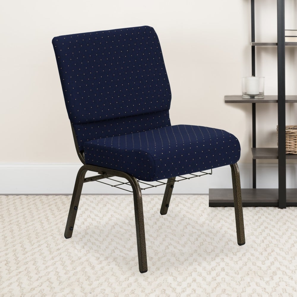 Flash Furniture HERCULES Series Church Chair With Book Rack, Navy Blue Dot/Gold Vein MPN:FCH2214GV810B